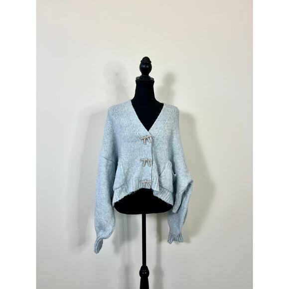 Zara‎ Blogger Fav Knit Cardigan Sweater in Blue Large Jewel Bow Rhinestone Knit - Picture 2 of 8